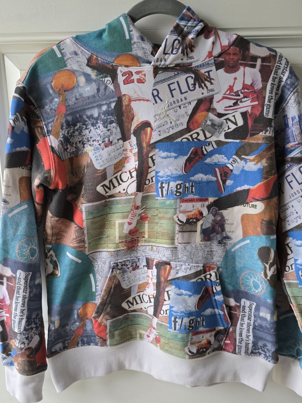 Air Jordan Flight AOP MJ Collage Pullover Hoodie Chicago Bulls Women XS/S Boys L